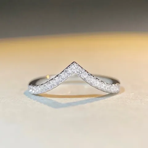 S925 Sterling Silver V-Shaped Stackable Ring For Women Elegant Pave Rhinestone Wedding Band Minimalist Finger Jewelry Gift