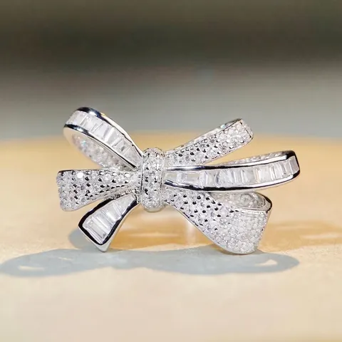 S925 Sterling Silver Bow Knot Ring Luxurious Zirconia Inlaid Adjustable Finger Ring Elegant Fashion Jewelry For Women Gift