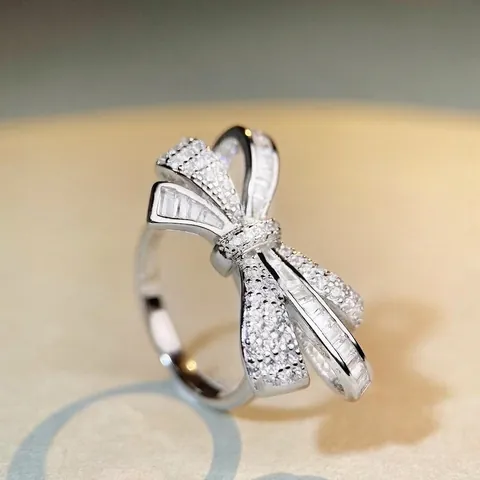 S925 Sterling Silver Bow Knot Ring Luxurious Zirconia Inlaid Adjustable Finger Ring Elegant Fashion Jewelry For Women Gift