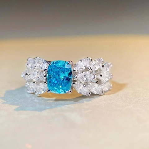 S925 Sterling Zilver Radiant Slijpvorm Zirconia Vlinder Vleugel Ring Luxe Blauw Roze Geel Zircon Fashion Vinger Sieraden Voor Dames