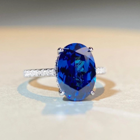 Luxurious 925 Sterling Silver Oval Cut Blue Zirconia Ring For Women High Carbon Diamond Wedding Engagement Party Jewelry