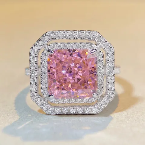 Luxurious 925 Sterling Silver Zirconia Ring For Women Radiant Cut Cushion Square Pink Yellow Blue Halo Ring Fashion Jewelry