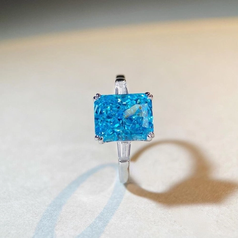 Anello in Argento Sterling 925 Taglio Radiant Zirconia Lusso Tre Pietre Rettangolare Blu Rosa Giallo Bianco Gemma Anello Donna Gioielli