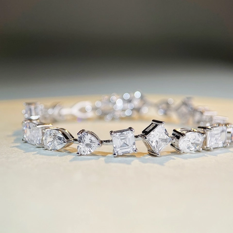 Pulsera de Tennis de Plata de Ley 925 Moissanita para Mujer Circonia de Múltiples Formas Chapada en Platino Joyería Elegante Regalo Aniversario