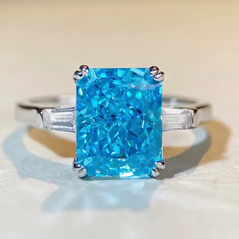 Anello in Argento Sterling 925 Taglio Radiant Zirconia Lusso Tre Pietre Rettangolare Blu Rosa Giallo Bianco Gemma Anello Donna Gioielli