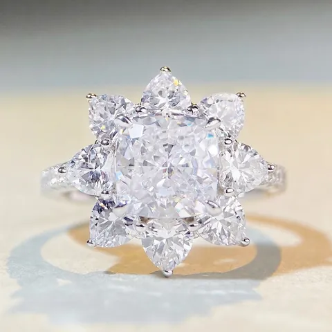 Anillo de Girasol de Plata de Ley 925 con Circonia de Corte Radiante Anillo de Dedo Floral Joyería Elegante Regalo de Mujer