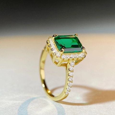 925 Sterling Silver Emerald Cut Green Zirconia Ring Gold Plated Halo Pave Statement Finger Ring For Women Jewelry