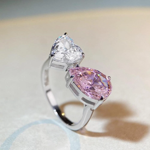 925 Sterling Silver Toi et Moi Adjustable Open Ring For Women Heart Pear Cut Pink Yellow Rhinestone Elegant Jewelry Gift