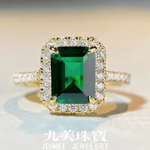 925 Sterling Silver Emerald Cut Green Zirconia Ring Gold Plated Halo Pave Statement Finger Ring For Women Jewelry