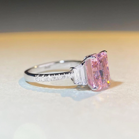 925 Sterling Silver Radiant Cut Zirconia Three-Stone Ring Pink Green Yellow White Geometric Wedding Jewelry For Women