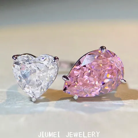 925 Sterling Silver Toi et Moi Adjustable Open Ring For Women Heart Pear Cut Pink Yellow Rhinestone Elegant Jewelry Gift