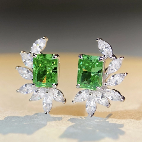 Pendientes de Botón de Plata de Ley 925 con Circonia para Mujer Retro Simple Geométrico en Forma de Ala Joyas Color Esmeralda