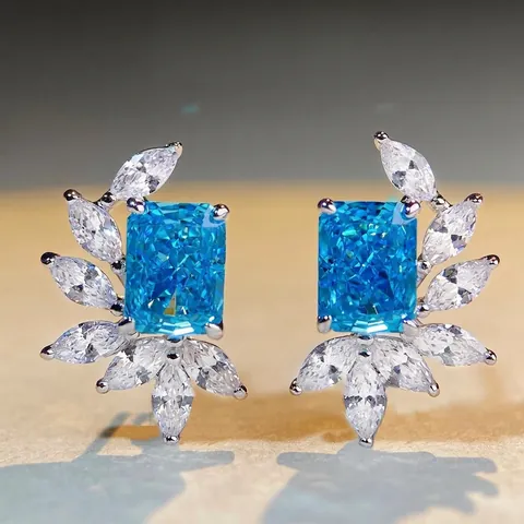 925 Sterling Silver Radiant Cut Zirconia Stud Earrings For Women Wing Shape Ice Flower Crystal Gemstone Ear Jewelry