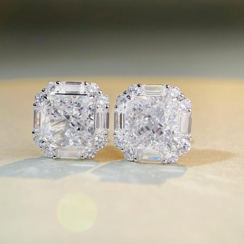 Luxury 925 Sterling Silver Radiant Cut Zirconia Halo Stud Earrings For Women Square Geometric Inlaid Jewelry Wedding Gift
