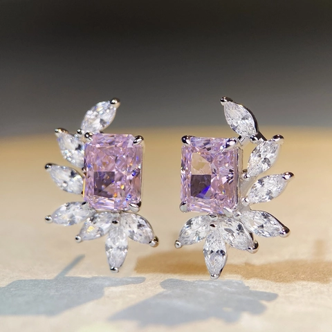 925 Sterling Silver Radiant Cut Wing Stud Earrings For Women Luxurious Multi Color Rhinestone Geometric Fashion Jewelry