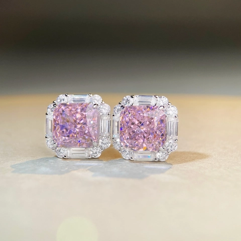 Luxury 925 Sterling Silver Radiant Cut Pink Rhinestone Stud Earrings Square Halo Inlaid Ear Jewelry For Women Fashion Gift