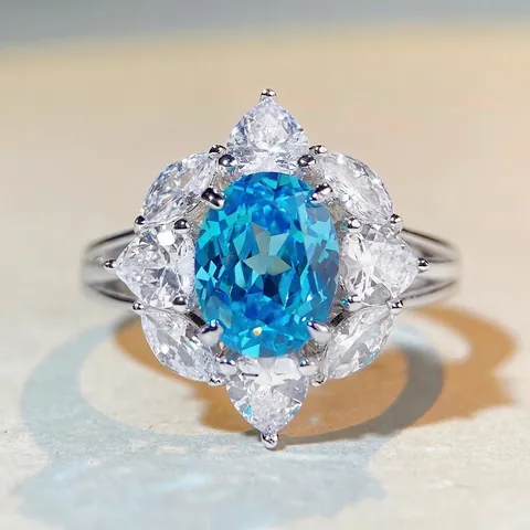 925 Sterlingsilber Oval Cluster Ring Luxuriöser Strass Blau Rosa Grün Blume Verstellbarer Fingerring Hochzeit Schmuck Geschenk Für Damen