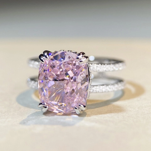 Anello in Argento Sterling S925 Con Zirconia Rosa Per Donna Di Lusso Taglio Cushion Pietra Zircone Fascia a Doppia Fila Gioielli Di Moda