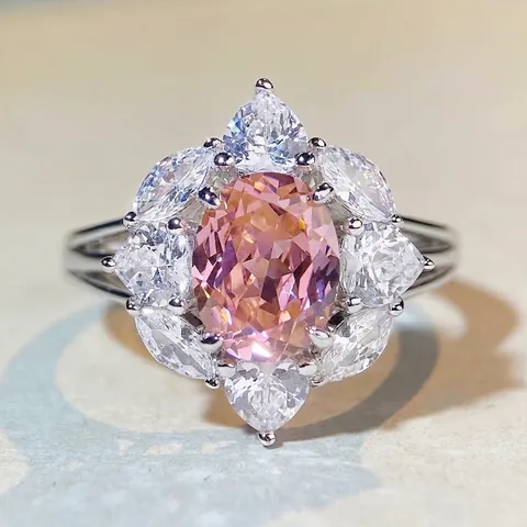 Anello in Argento Sterling 925 Zirconia per Donna Ovale Padparadscha Rosa Blu Verde Cluster di Fiori Gioielli Moda