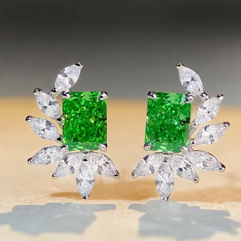 Pendientes de Botón de Plata de Ley 925 con Circonia para Mujer Retro Simple Geométrico en Forma de Ala Joyas Color Esmeralda