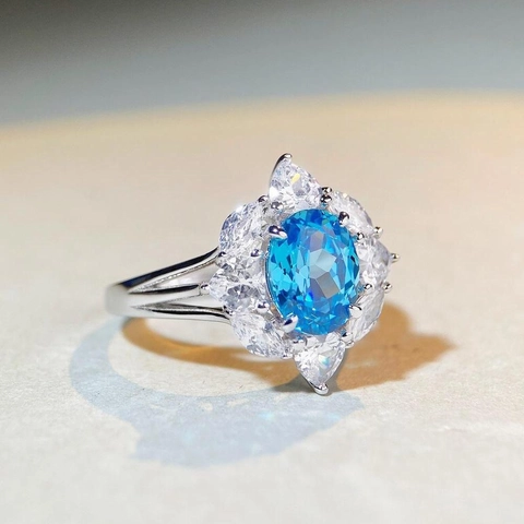 925 Sterlingsilber Oval Cluster Ring Luxuriöser Strass Blau Rosa Grün Blume Verstellbarer Fingerring Hochzeit Schmuck Geschenk Für Damen