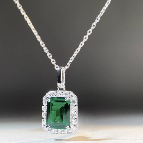 Collana in Argento Sterling 925 Con Ciondolo Rettangolare Verde Taglio Smeraldo E Croce Con Strass Gioielli da Donna