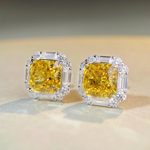 925 Sterling Silver Square Radiant Cut Rhinestone Stud Earrings For Women Yellow Pink White Purple Luxurious Jewelry Gift
