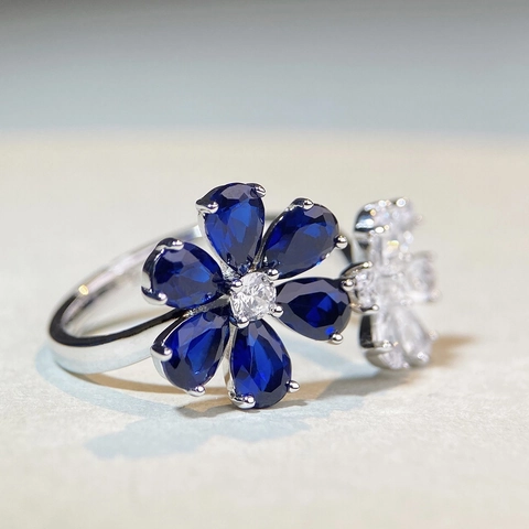 Bague en Argent Sterling 925 Romantique Fleur Zirconia Élégante Ouverte Ajustable Design Floral Double Bijoux pour Femmes