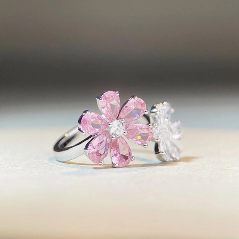 Anello Doppio Fiore Regolabile in Argento Sterling 925 Con Zirconia Rosa Bianco Elegante Gioielli di Moda per Donna Regalo