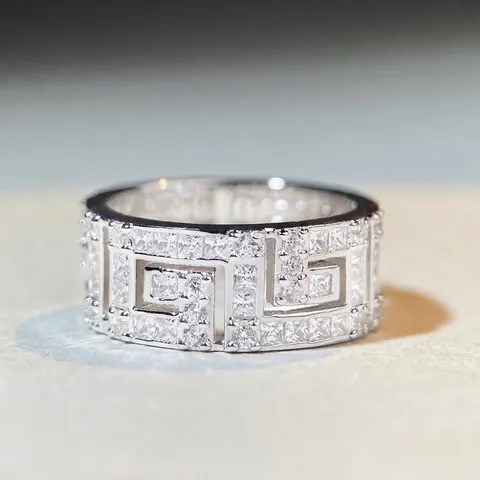 Anello in Argento Sterling 925 Greca Greca per Donna Anello a Fascia con Zirconi Pave Cavo Geometrico Gioielli di Moda