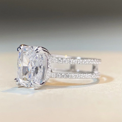 Anello in Argento Sterling 925 con Zirconia Lussuoso Taglio Cushion Doppia Fila Intarsiato Anello di Fidanzamento per Donna