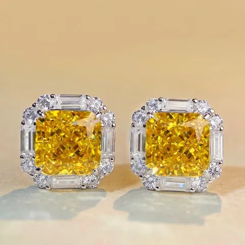 925 Sterling Silver Square Radiant Cut Rhinestone Stud Earrings For Women Yellow Pink White Purple Luxurious Jewelry Gift