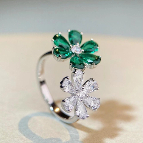 925 Sterlingsilber Doppelblume Verstellbarer Offener Ring Für Damen Eleganter Birnenschliff Zirkonia Blumen Eingelegt Modeschmuck Geschenk
