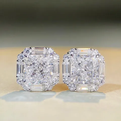 Luxury 925 Sterling Silver Radiant Cut Zirconia Halo Stud Earrings For Women Square Geometric Inlaid Jewelry Wedding Gift