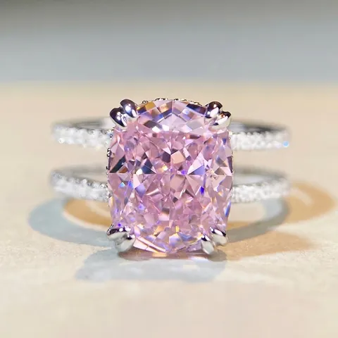 Anello in Argento Sterling S925 Con Zirconia Rosa Per Donna Di Lusso Taglio Cushion Pietra Zircone Fascia a Doppia Fila Gioielli Di Moda
