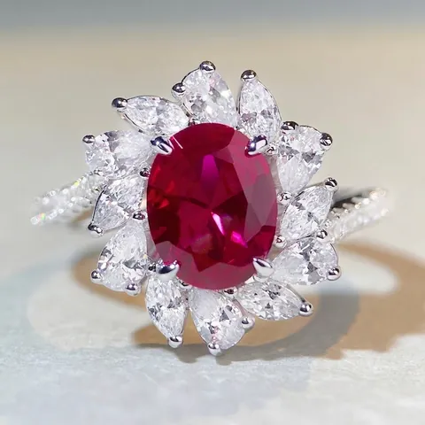 Luxury 925 Sterling Silver Oval Red Corundum Flower Cluster Ring For Women Zirconia Pave Sun Flower Party Fashion Jewelry Gift