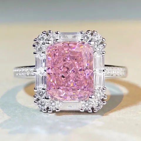Lussuoso Anello Halo in Argento Sterling 925 con Zirconia Quadrata per Donna Anello con Zirconia Rettangolare Rosa Moda