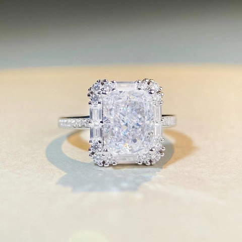 Luxus 925 Sterlingsilber Radiant-Schliff Zirkonia Halo Ring Für Damen Mode Schmuck Eleganter Rechteckiger Eingelegter Fingerring