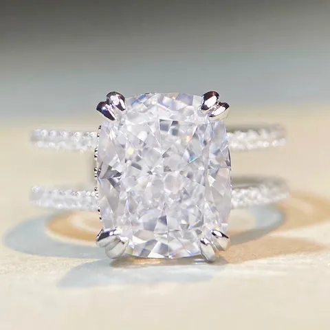 Anello in Argento Sterling 925 con Zirconia Lussuoso Taglio Cushion Doppia Fila Intarsiato Anello di Fidanzamento per Donna