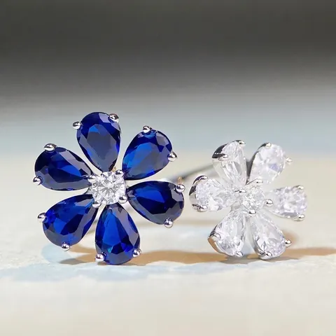 Bague en Argent Sterling 925 Romantique Fleur Zirconia Élégante Ouverte Ajustable Design Floral Double Bijoux pour Femmes