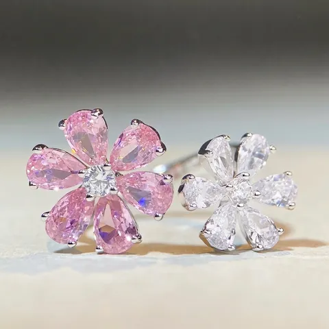 Anello Doppio Fiore Regolabile in Argento Sterling 925 Con Zirconia Rosa Bianco Elegante Gioielli di Moda per Donna Regalo