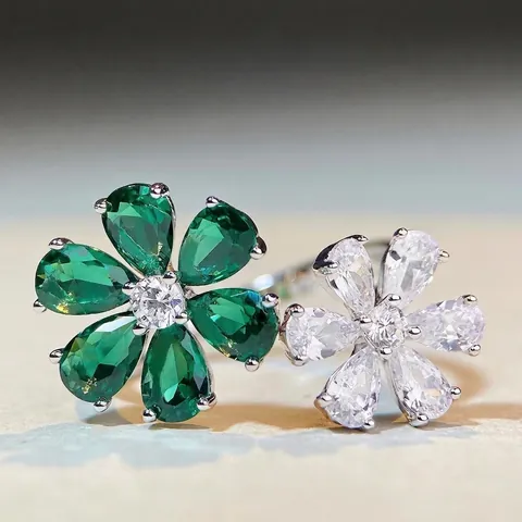 925 Sterlingsilber Doppelblume Verstellbarer Offener Ring Für Damen Eleganter Birnenschliff Zirkonia Blumen Eingelegt Modeschmuck Geschenk