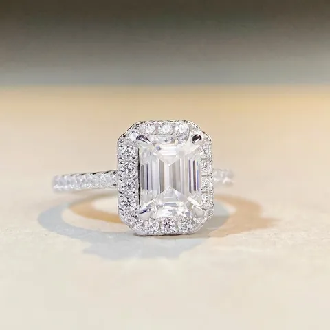 Bague de Mariage en Argent Sterling S925 Taille Émeraude Radiant Moissanite Halo Alliance de Fiançailles Bijoux de Mode de Luxe pour Femmes