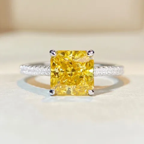 925 Sterlingsilber Radiant-Schliff Zirkonia Ring Elegant Vergoldet Geometrisch Quadratisch Gelb Blau Rosa Stein Ring Damen Schmuck