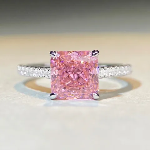 Anello in Argento Sterling 925 con Strass Rosa Taglio Radiant Gioielli Quadrati a Quattro Griffe Moda per Donna Festa Fidanzamento