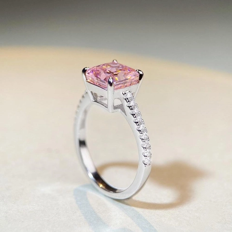 Anello in Argento Sterling 925 con Strass Rosa Taglio Radiant Gioielli Quadrati a Quattro Griffe Moda per Donna Festa Fidanzamento