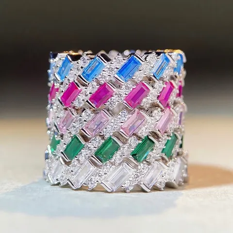 Luxe 925 Sterling Zilveren Gekleurde Zirconia Eternity Ring Voor Dames Geometrische Rechthoekige Edelsteen Mode Sieraden