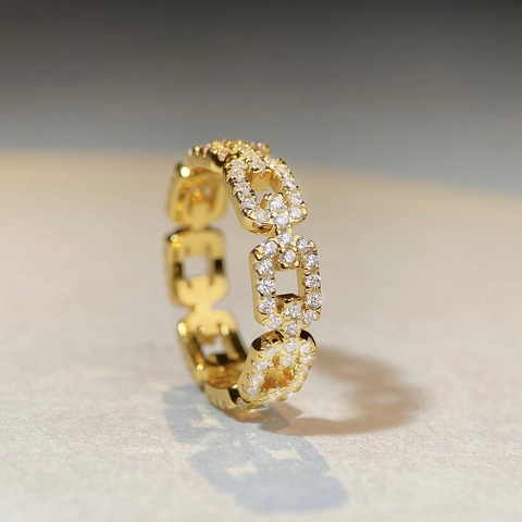 Anello in Argento Sterling S925 a Catena per Donna Con Zirconia Pavé Galvanizzato Minimalista Moda Lusso Gioielli