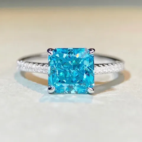 Anello in Argento Sterling S925 Con Zirconia Taglio Radiant Castone a Quattro Griffe Pietra Preziosa Quadrata Gioielli Donna