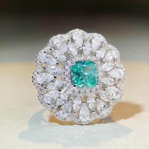 Anillo de Flor de Lujo de Plata de Ley 925 Verde Paraiba Strass Banquete Boda Fiesta Joyería Anillo de Cóctel